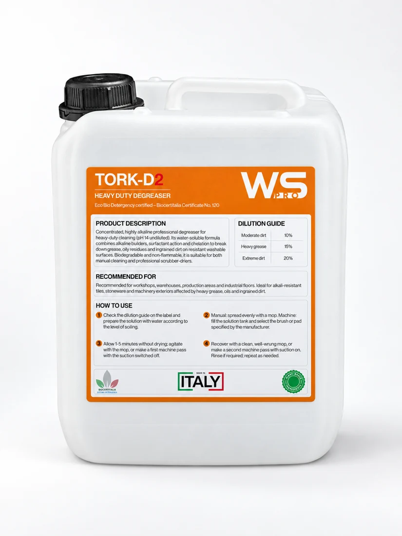 Detergente professionale WSPRO TORK-D2, tanica con etichetta arancione